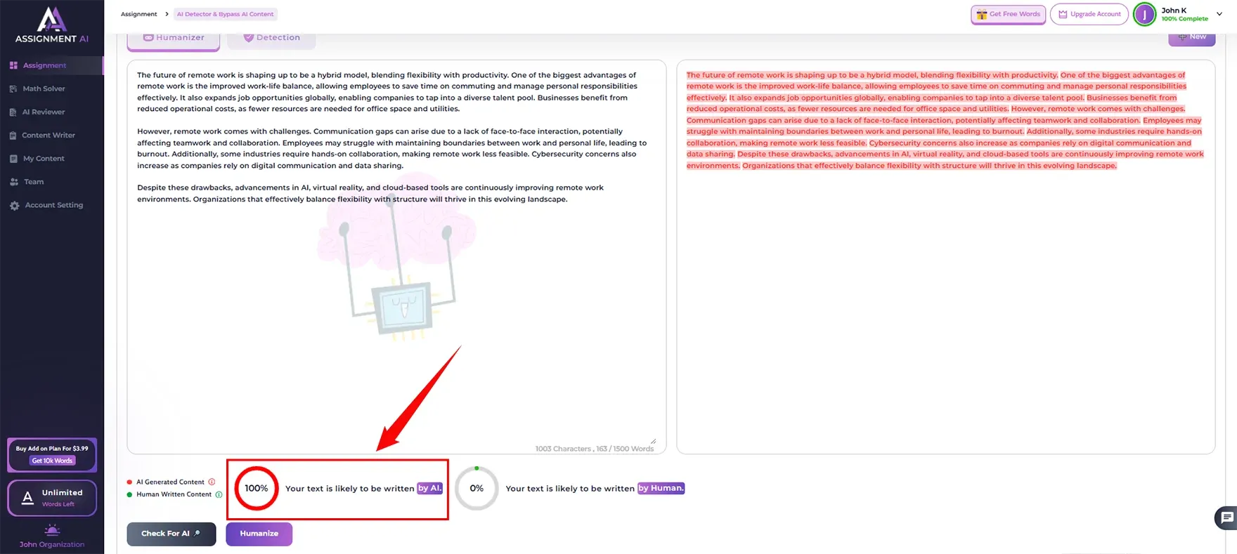 Also this same text check-in AssignmentGPT’s AI detector