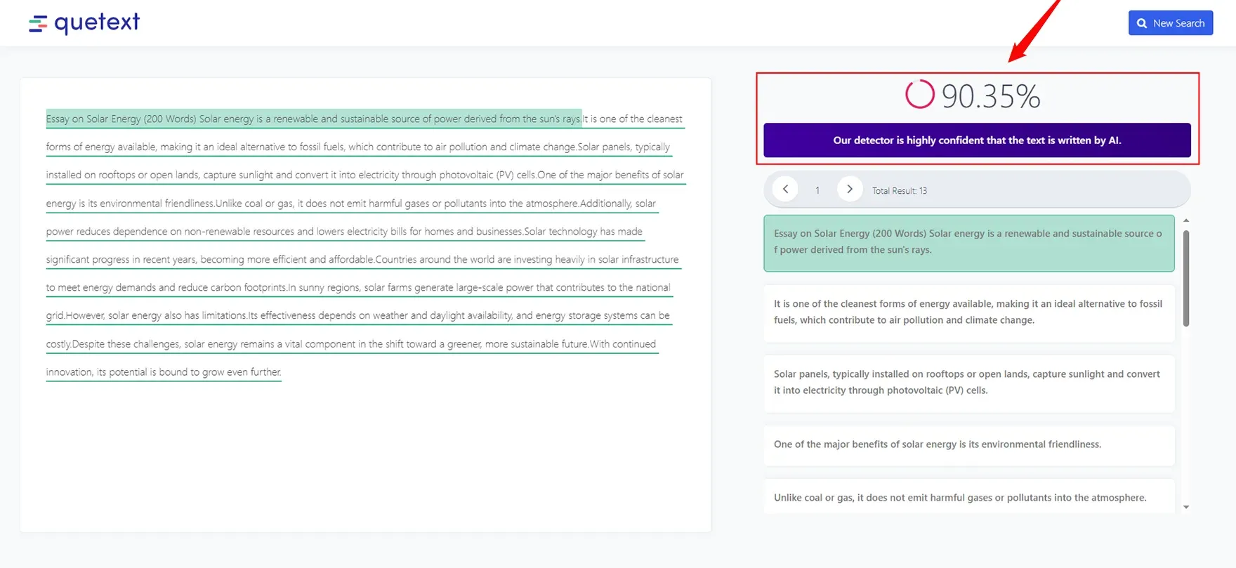 Checked in Quetext AI detector