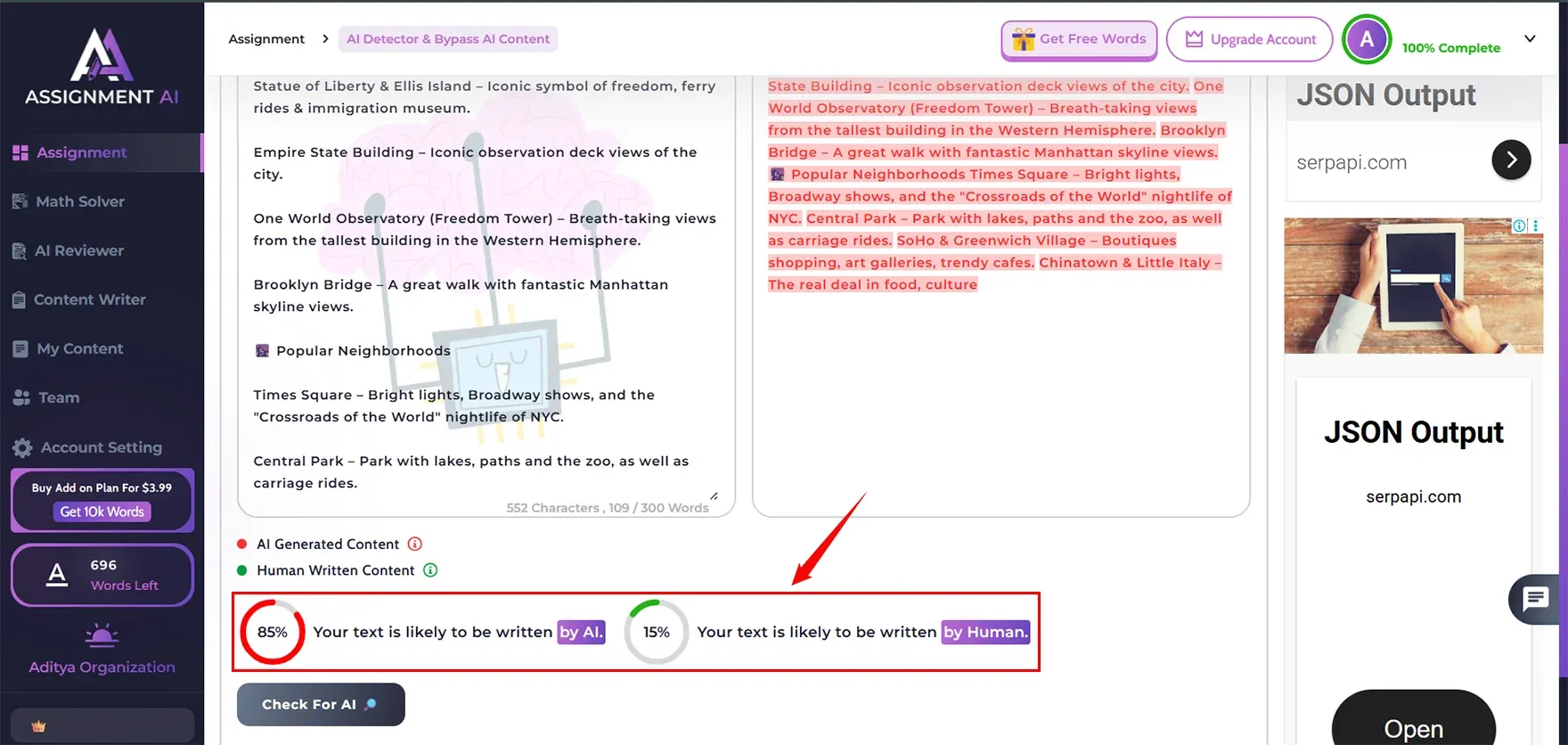 Checked the Humanize text on the AssignmentGPT AI detector