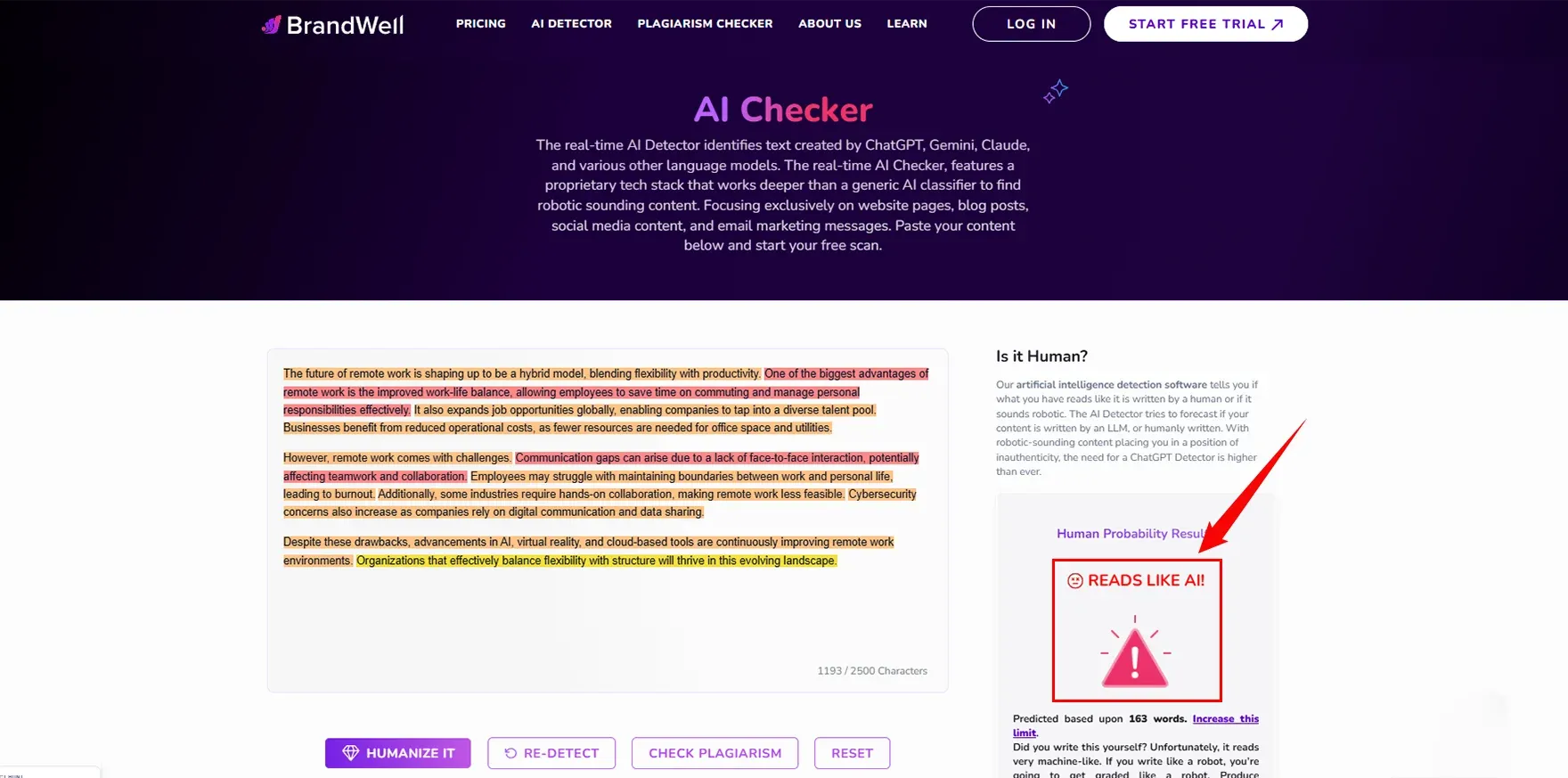 Then this same text check-in Brandwell AI detector