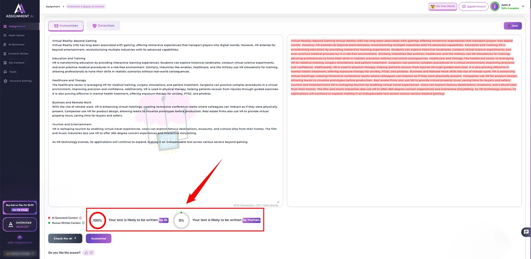This ChatGPT text check in AssignmentGPT s AI detector