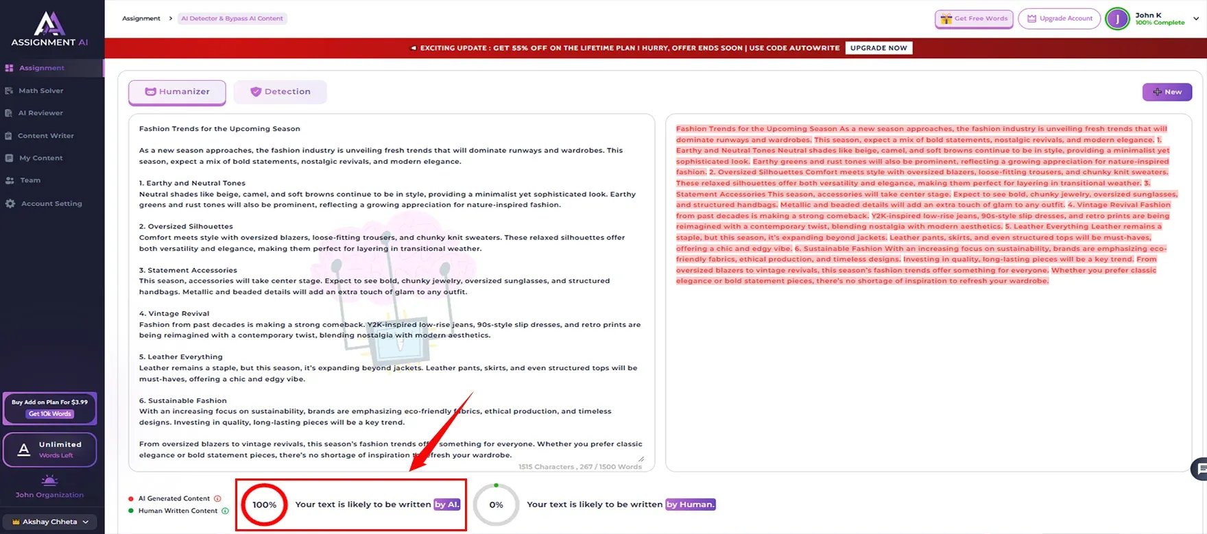 this content in AssignmentGPT AI’s AI detector tool
