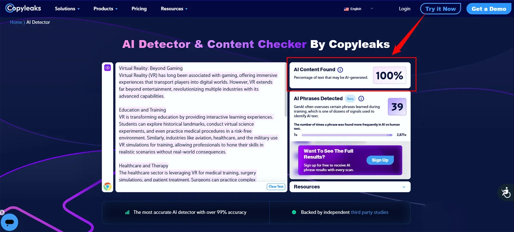 this same ChatGPT text check in Copyleaks AI detector